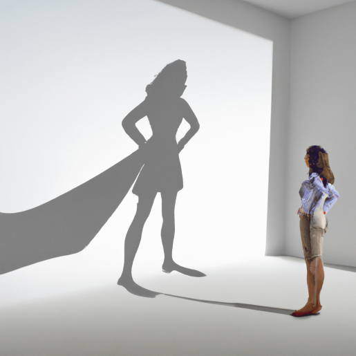 Leinwandgemälde einer Frau im großen, weißen Raum. Sie steht in einer ängstlichen Haltung und schaut auf ihren vergrößerten Schatten an der weißen Wand, der wie eine übergroße Superwoman aussieht. Vom Leben ausgebremst - Kongress für Menschen mit einem sc