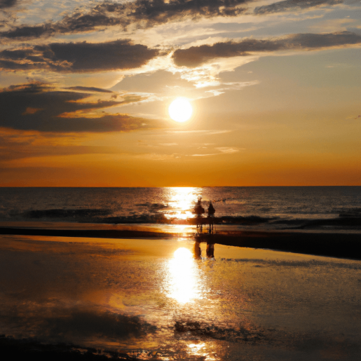 Bild eines wunderschönen Sonnenuntergangs am Meer. Am Strand sind die Silhouetten zweier spielender Kinder zu sehen. Die Sonne spiegelt sich auf dem Meer. Es ist in einem ruhigen und warmen Stil gehalten.