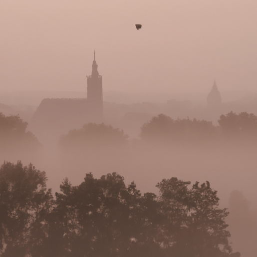 Bild einer romantischen Stadtsilhouette, die im Morgennebel zu sehen ist. Der Himmel im Hintergrund zeigt ein leichtes Morgenrot, im Vordergrund tauchen schemenhaft einzelne Baumkronen aus dem Nebel auf. Ein Greifvogel ist zu sehen.