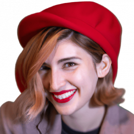 Lächelnde junge Frau mit rotem Filzhut auf dem Kopf, die Stressabbau-Methoden wie Faszientraining und Selbsthypnose praktiziert.