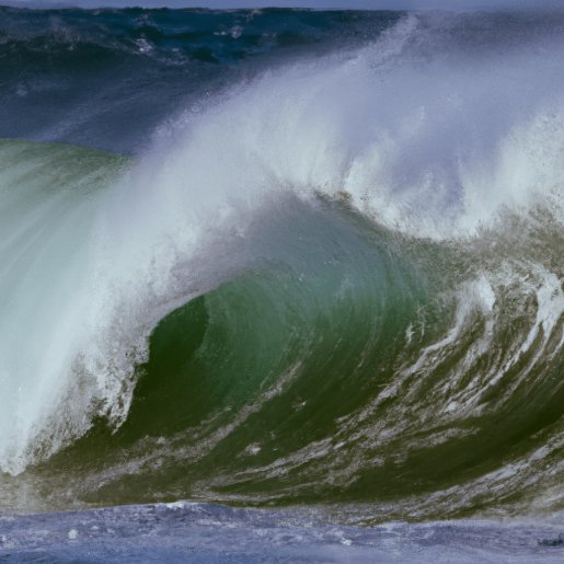  Reales Bild einer großen Welle in Nahaufnahme, bevor sie umschlägt. Durch den Gegenwind wird die Gischt aufgeweht. Das Bild ist in einem enthusiastischen, impulsiven Stil gehalten.