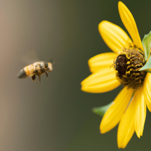 Bild in hoher Auflösung einer Biene, die zwischen Blütenkelchen herumfliegt.